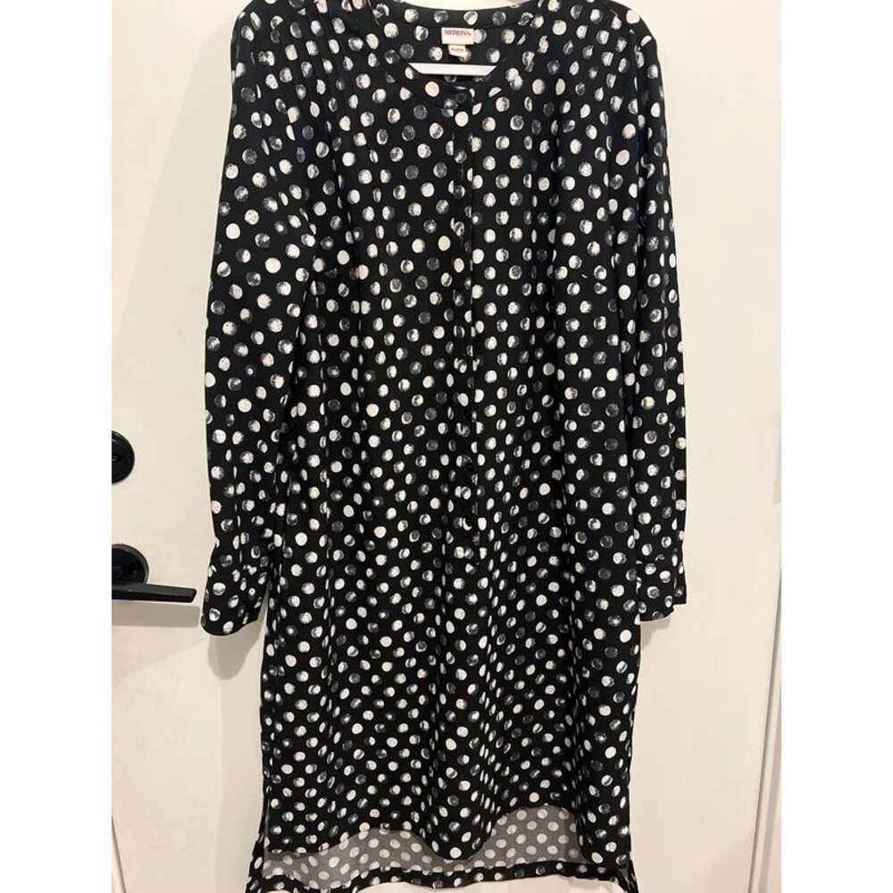 Merona Black dress w/ white dots size XL long sleeve,pockets, excellent cond